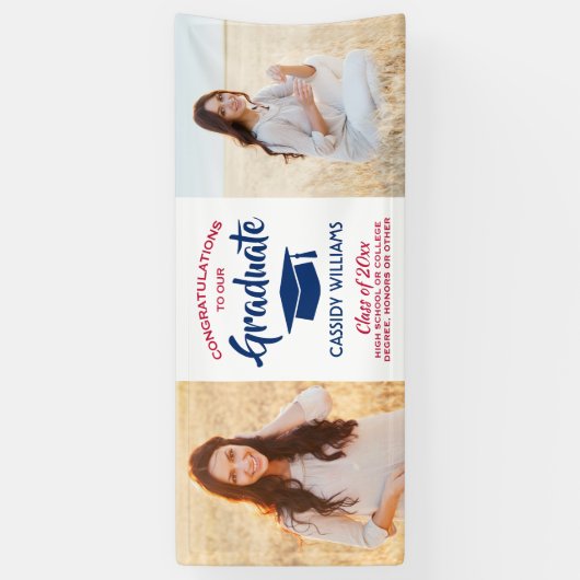 Gefeliciteerd 2 Foto Rood wit en blauw Afstuderen Spandoek (Verticaal)