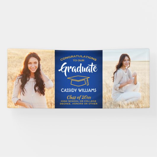 Gefeliciteerd 2 Foto Royal Blue Gold Yellow Afstud Spandoek (Horizontaal)