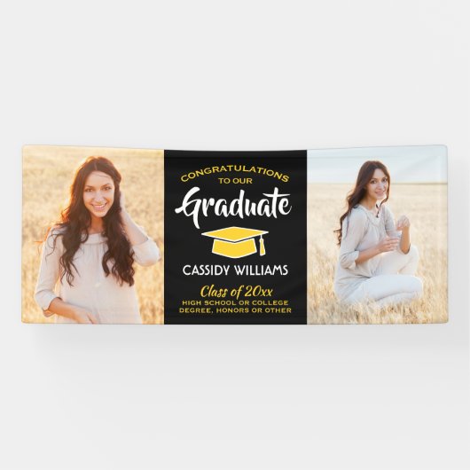Gefeliciteerd 2 Foto zwart Gold geel Afstuderen Spandoek (Horizontaal)