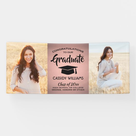 Gefeliciteerd 2 Fotoroze en zwart Trendy Afstudere Spandoek (Horizontaal)