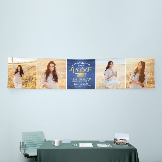Gefeliciteerd 4 Foto Blue Gold WhiteGraduation Spandoek (Beurs)