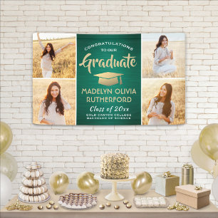 Gefeliciteerd 4 Foto Green Gold en White Afstudere Spandoek