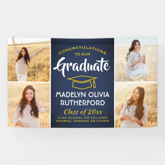 Gefeliciteerd 4 Foto marineblauw goudgeel Afstuder Spandoek (Horizontaal)