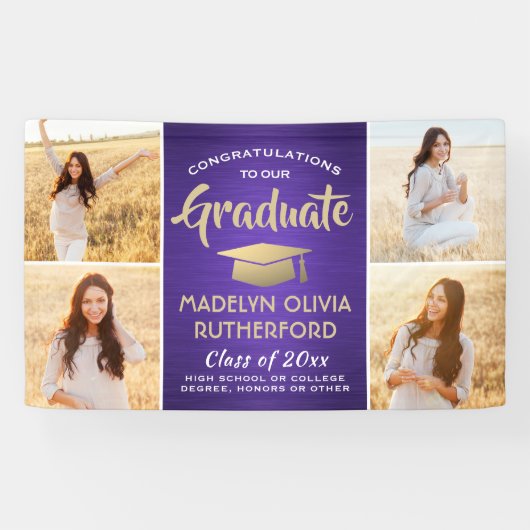 Gefeliciteerd 4 Foto Paars Gold en wit Afstuderen Spandoek (Horizontaal)