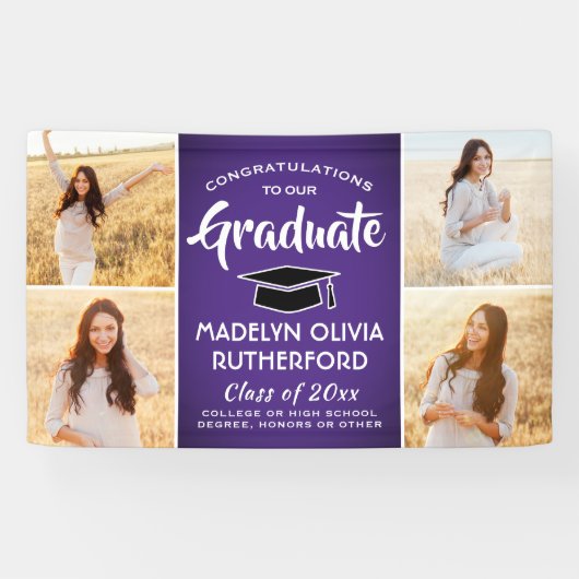 Gefeliciteerd 4 Foto Paars wit en zwart Afstuderen Spandoek (Horizontaal)