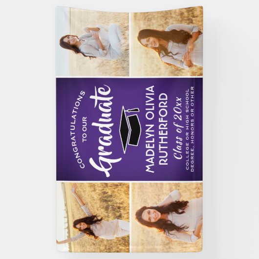 Gefeliciteerd 4 Foto Paars wit en zwart Afstuderen Spandoek (Verticaal)