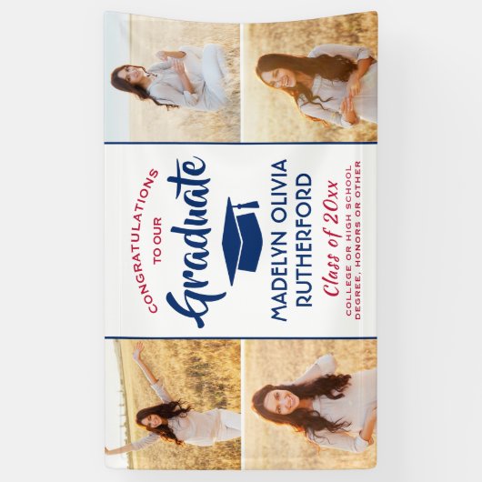 Gefeliciteerd 4 Foto rood wit en blauw Afstuderen Spandoek (Verticaal)