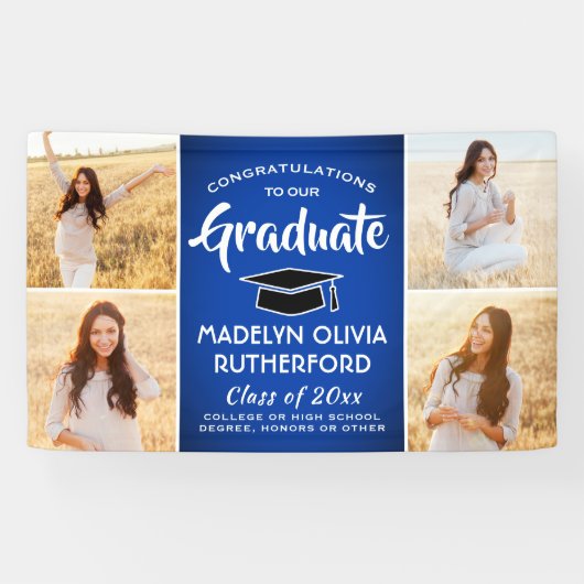 Gefeliciteerd 4 Foto Royal Blue & White Afstuderen Spandoek (Horizontaal)