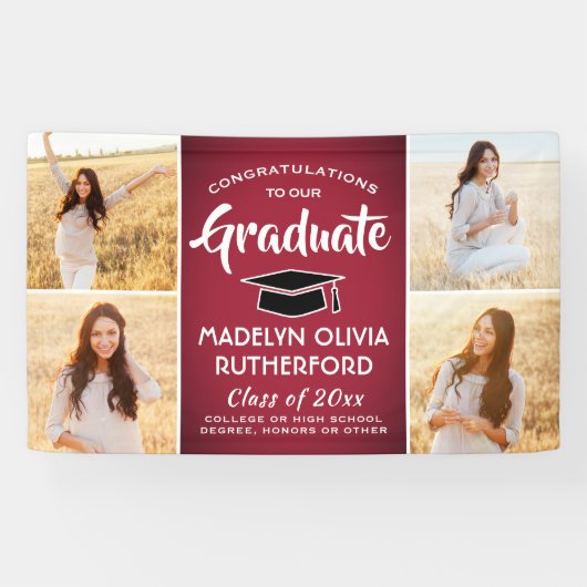 Gefeliciteerd 4 Photo Red Black en White Afstudere Spandoek (Horizontaal)