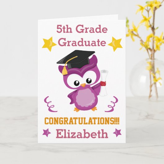 Gefeliciteerd 5e klas afstuderen paarse en gouden  kaart (Gele Bloem)