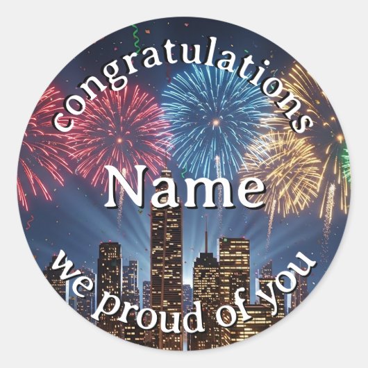 Gefeliciteerd Aangepaste naam Vuurwerk Stadssilhou Ronde Sticker (Voorkant)
