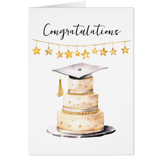 Gefeliciteerd Afgestudeerd Aquarel Hoed en Cake (Voorkant)