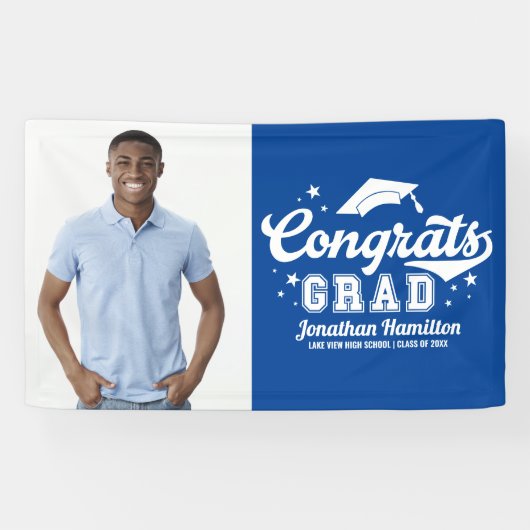 Gefeliciteerd Afgestudeerd Blauw Afstudeerfeest Fo Spandoek (Horizontaal)
