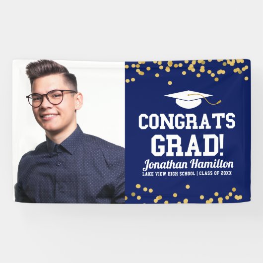 Gefeliciteerd Afgestudeerd Navy Blauwe Afstudeerfe Spandoek (Horizontaal)