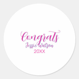 Gefeliciteerd afgestudeerd roze paarse naam jaar 2 ronde sticker