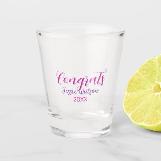 Gefeliciteerd afgestudeerd roze paarse naam jaar 2 shot glas (Voorkant)