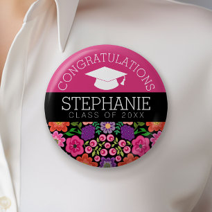Gefeliciteerd Afgestudeerde Meisjesachtige Bloemen Ronde Button 5,7 Cm