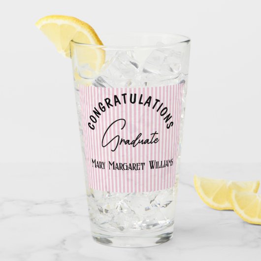 Gefeliciteerd Afgestudeerde Roze Streep 16oz Glas (Voorkant ijs)