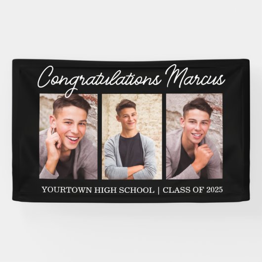Gefeliciteerd Afgestudeerde Zwart 3 Foto Feest Spandoek (Horizontaal)