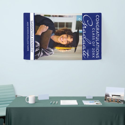 Gefeliciteerd Afstudeerder 1 Foto Blauw Verticaal  Spandoek (Beurs)