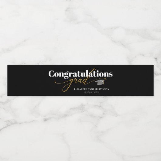 Gefeliciteerd Afstudeerder Black en Gold Script Waterfles Etiket (Enkel label)