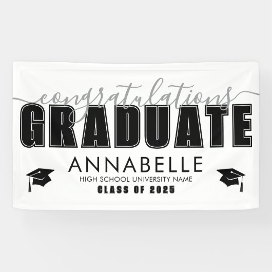 Gefeliciteerd Afstudeerder Black White Graduation  Spandoek (Horizontaal)