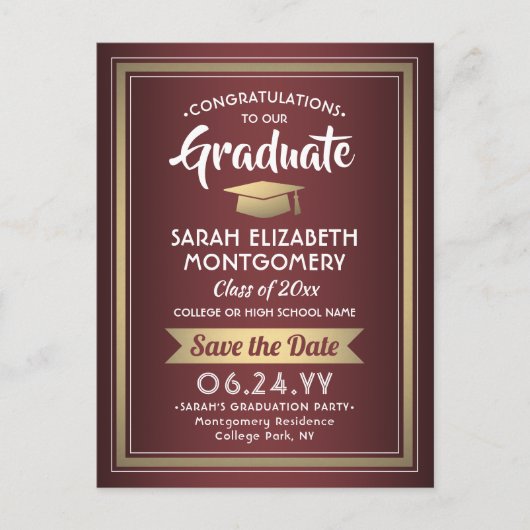 Gefeliciteerd Afstudeerder Bourgogne & Gold Save t Aankondigingskaart (Voorkant)