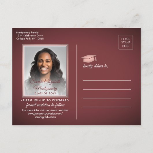 Gefeliciteerd Afstudeerder Bourgondië & Roze Save  Aankondigingskaart (Achterkant)