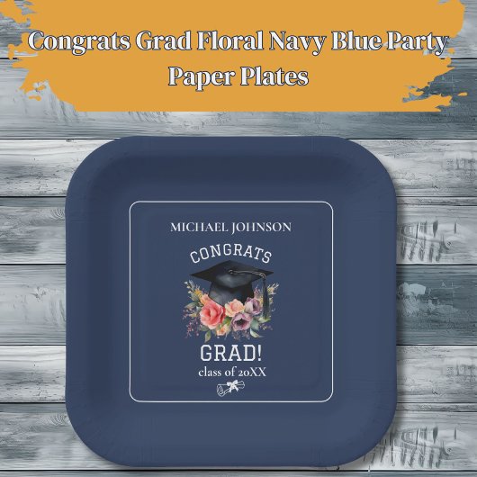 Gefeliciteerd Afstudeerder Floral Navy Blue Party Papieren Bordje
