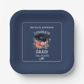 Gefeliciteerd Afstudeerder Floral Navy Blue Party Papieren Bordje (Voorkant)