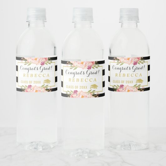Gefeliciteerd Afstudeerder Floral Stripes Glam Gra Waterfles Etiket (Flessen)