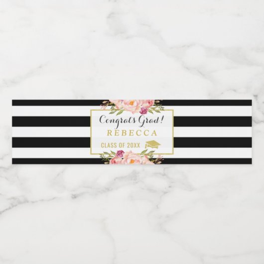Gefeliciteerd Afstudeerder Floral Stripes Glam Gra Waterfles Etiket (Enkel label)