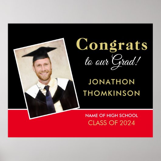 Gefeliciteerd Afstudeerder Foto Zwart Rood Goud 20 Poster (Voorkant)