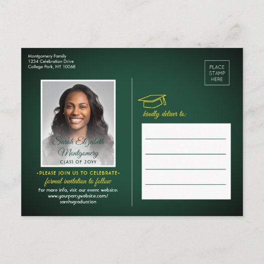 Gefeliciteerd Afstudeerder Green en Gold Save the Aankondigingskaart (Achterkant)