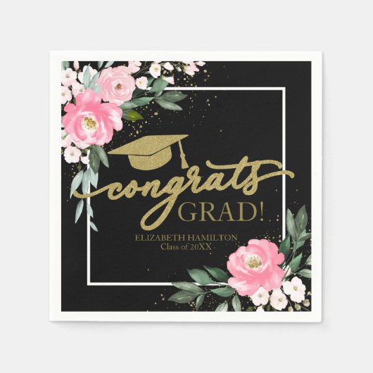 Gefeliciteerd Afstudeerder Hot Pink Floral Afstude Servet (Voorkant)