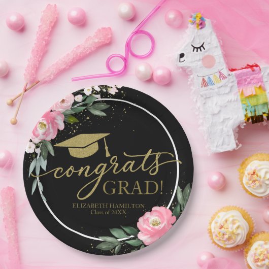 Gefeliciteerd Afstudeerder Hot Pink Floral Graduat Papieren Bordje (Feest)