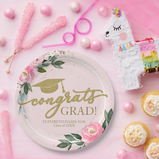 Gefeliciteerd Afstudeerder Hot Pink Floral Graduat Papieren Bordje (Feest)