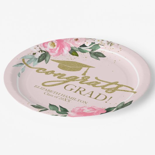 Gefeliciteerd Afstudeerder Hot Pink Floral Graduat Papieren Bordje (Gekanteld)