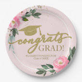 Gefeliciteerd Afstudeerder Hot Pink Floral Graduat Papieren Bordje (Voorkant)