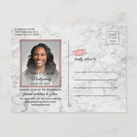 Gefeliciteerd Afstudeerder Marmer en Roze Save the Aankondigingskaart (Achterkant)