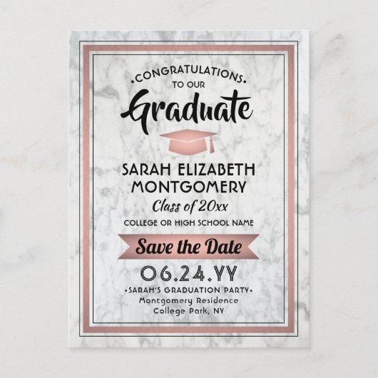 Gefeliciteerd Afstudeerder Marmer en Roze Save the Aankondigingskaart (Voorkant)