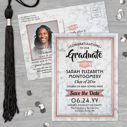 Gefeliciteerd Afstudeerder Marmer en Roze Save the Aankondigingskaart