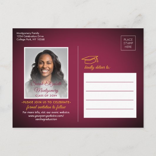 Gefeliciteerd Afstudeerder Maroon & Gold Save the  Aankondigingskaart (Achterkant)