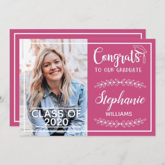 Gefeliciteerd afstudeerder moderne roze afstuderen aankondiging (Voorkant / Achterkant)