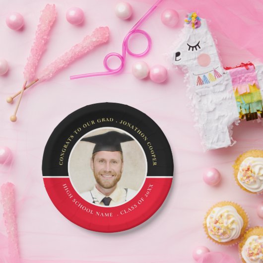 Gefeliciteerd Afstudeerder Naam Foto Gold Black Re Papieren Bordje (Feest)