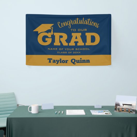 Gefeliciteerd Afstudeerder Navy Blue en Gold Spandoek (Beurs)