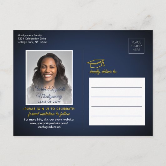 Gefeliciteerd Afstudeerder Navy Blue & Gold Save t Aankondigingskaart (Achterkant)