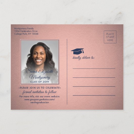 Gefeliciteerd Afstudeerder Navy Blue & Pink Save t Aankondigingskaart (Achterkant)