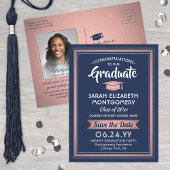 Gefeliciteerd Afstudeerder Navy Blue & Pink Save t Aankondigingskaart