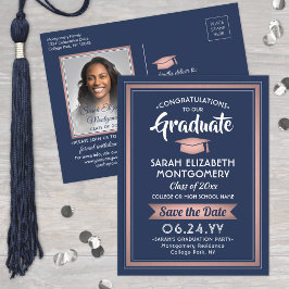 Gefeliciteerd Afstudeerder Navy Blue & Pink Save t Aankondigingskaart